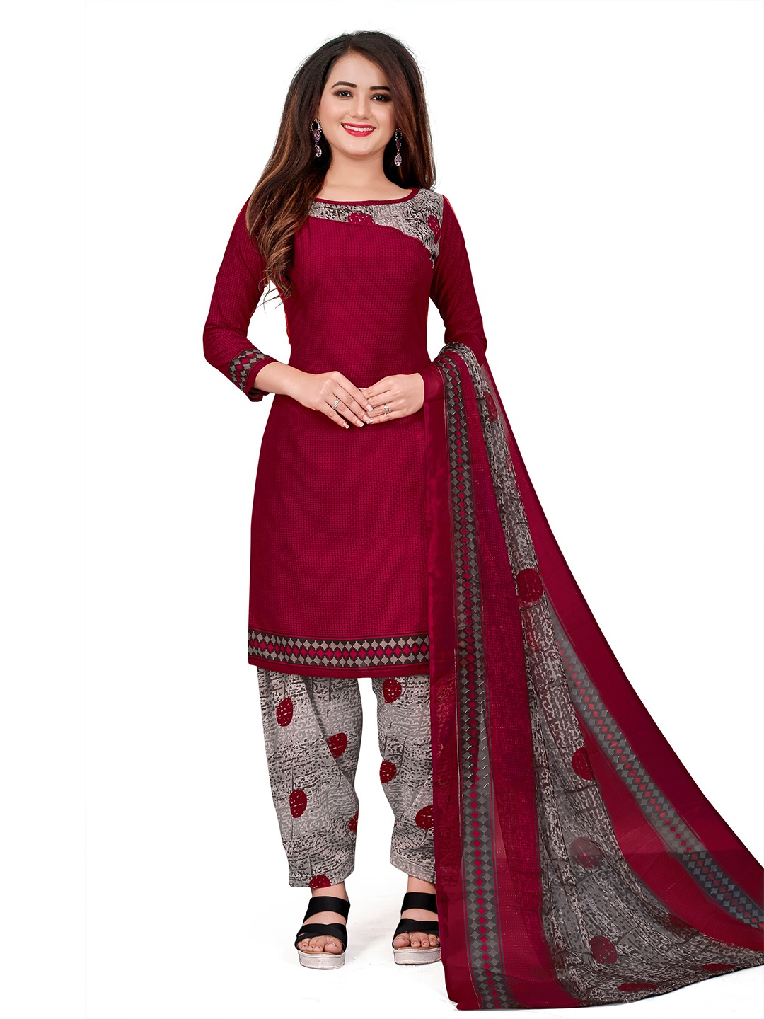 

MANVAA Printed Silk Crepe Unstitched Dress Material, Maroon