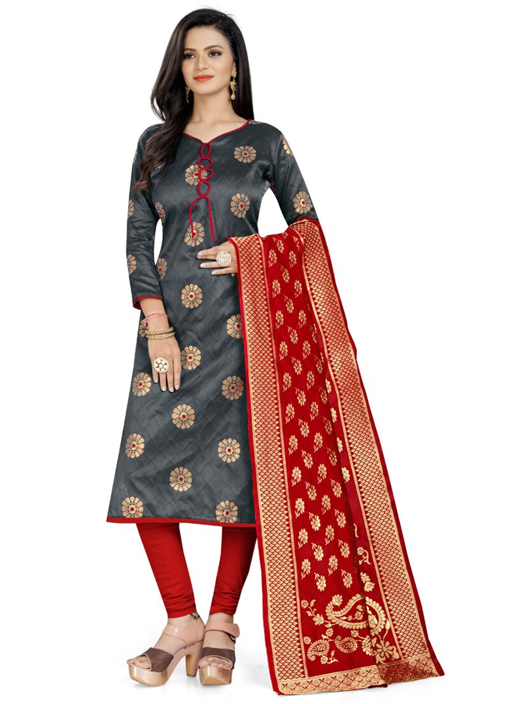 

MANVAA Floral Woven Design Unstitched Dress Material, Grey