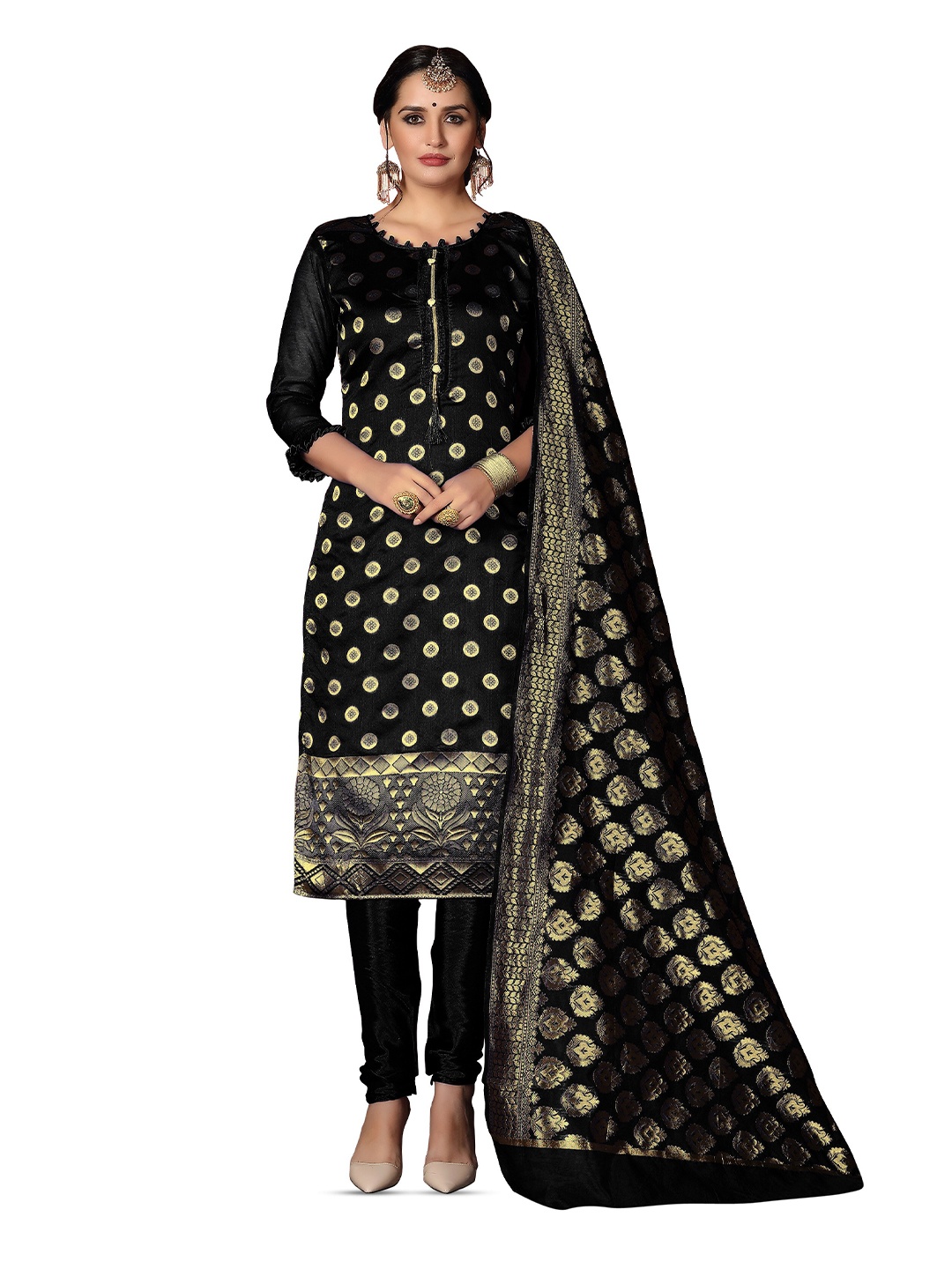 

MANVAA Floral Woven Design Zari Unstitched Dress Material, Black