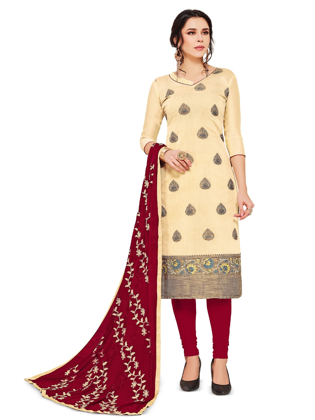 

MANVAA Ethnic Motifs Woven Design Unstitched Banarasi Silk Dress Material, Cream