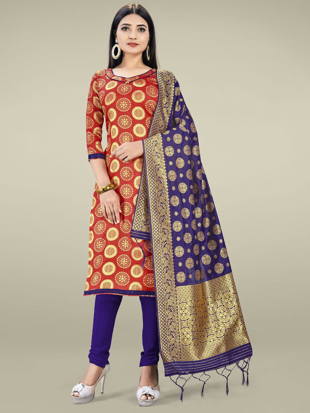 

MANVAA Geometric Woven Design Zari Unstitched Dress Material, Red