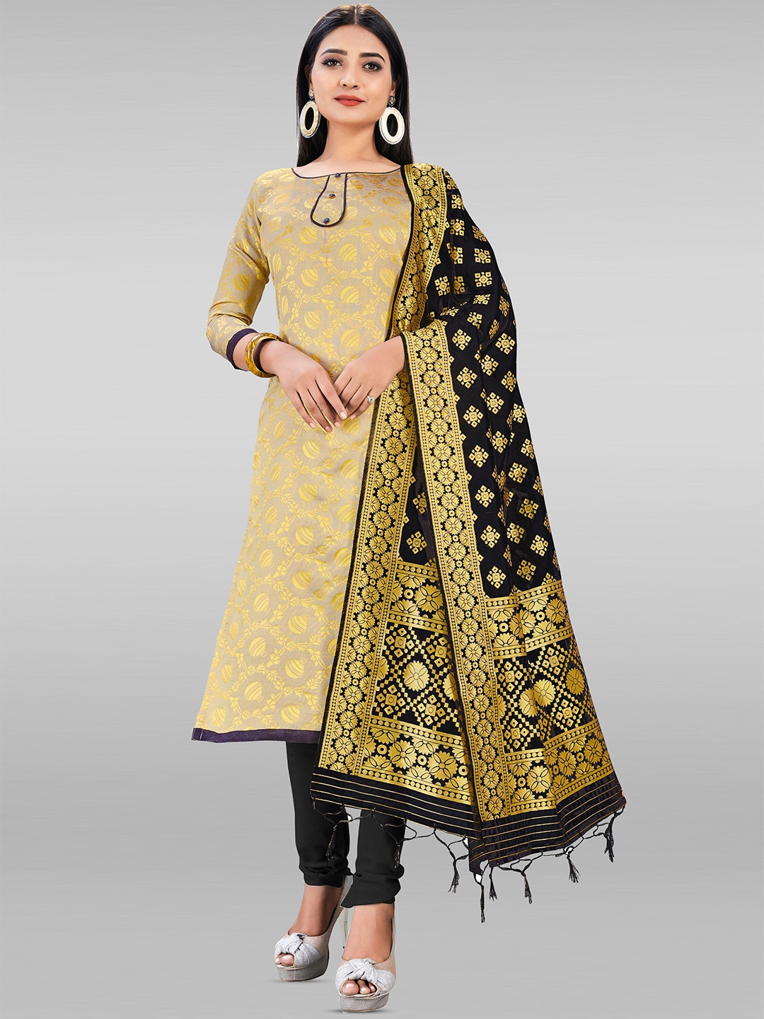 

MANVAA Ethnic Motifs Woven Design Zari Unstitched Dress Material, Beige
