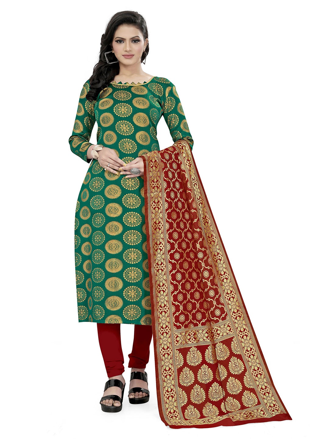 

MANVAA Ethnic Motifs Woven Design Zari Unstitched Dress Material, Green