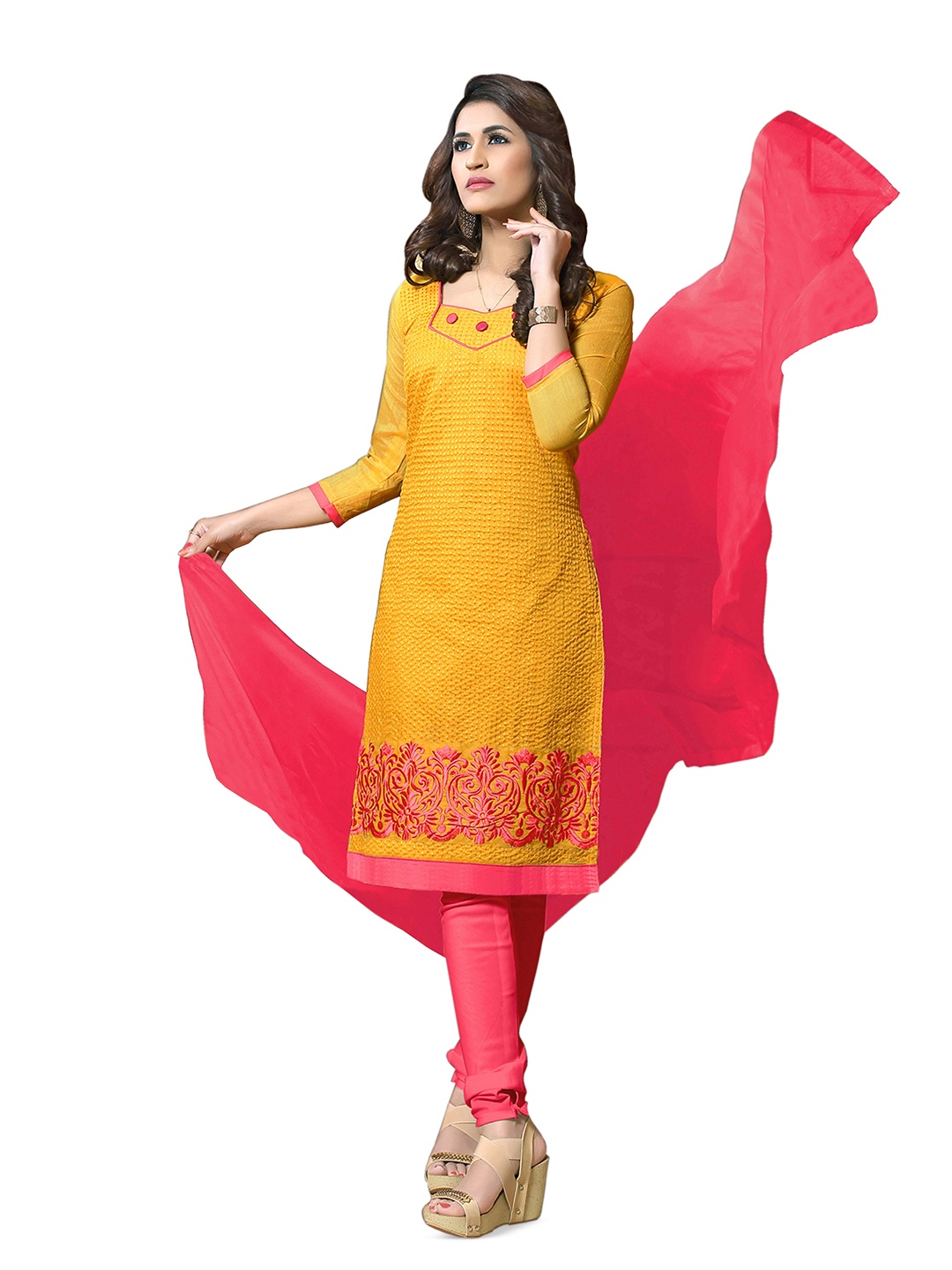 

MANVAA Floral Embroidered Unstitched Dress Material, Yellow