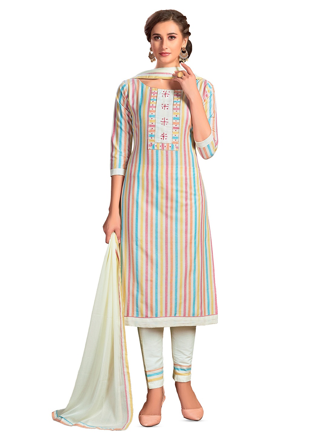 

MANVAA Striped Pure Cotton Unstitched Dress Material, White