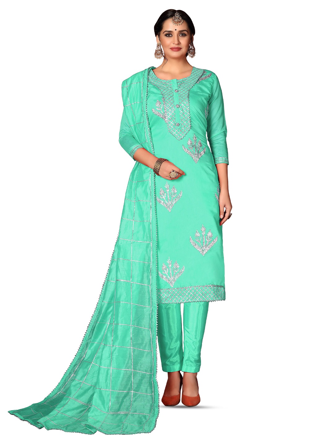 

MANVAA Ethnic Motifs Embroidered Gotta Patti Unstitched Dress Material, Green