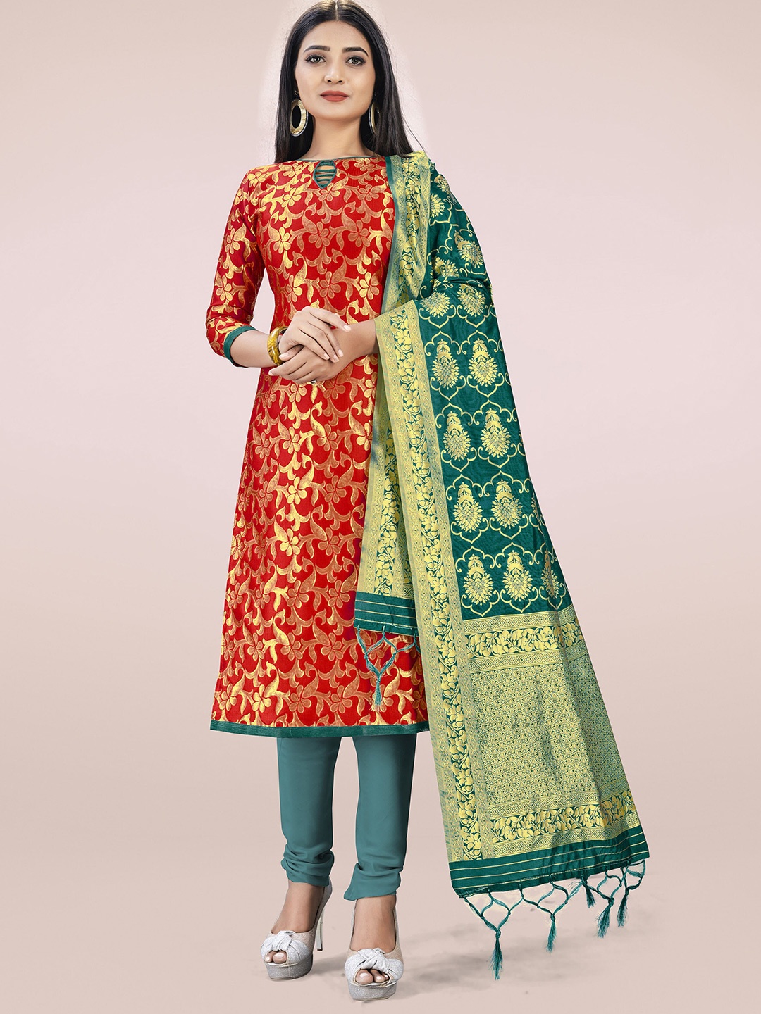 

MANVAA Ethnic Motifs Woven Design Unstitched Dress Material, Red