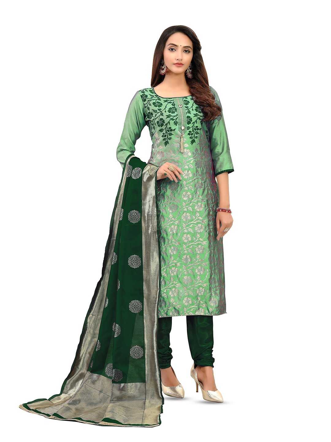 

MANVAA Floral Woven Design Unstitched Dress Material, Green