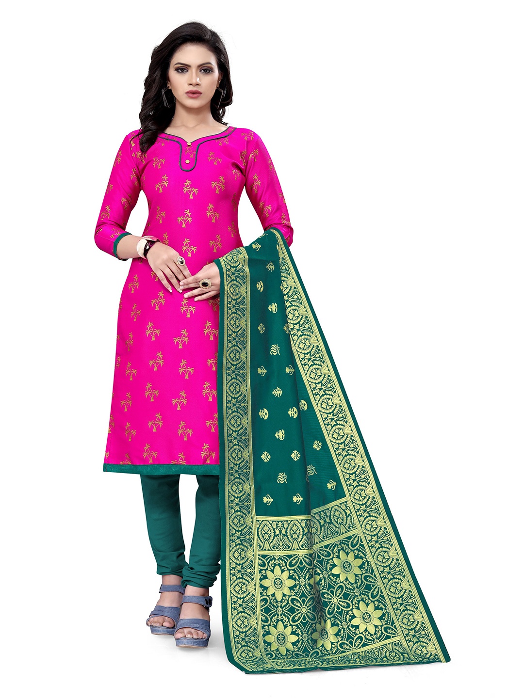 

MANVAA Floral Woven Design Unstitched Dress Material, Pink