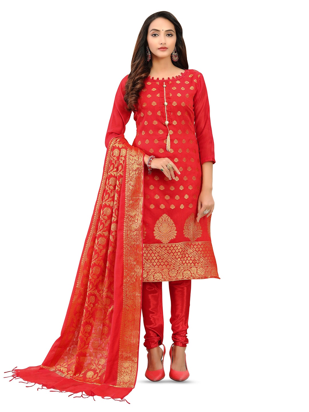 

MANVAA Floral Woven Design Unstitched Dress Material, Red