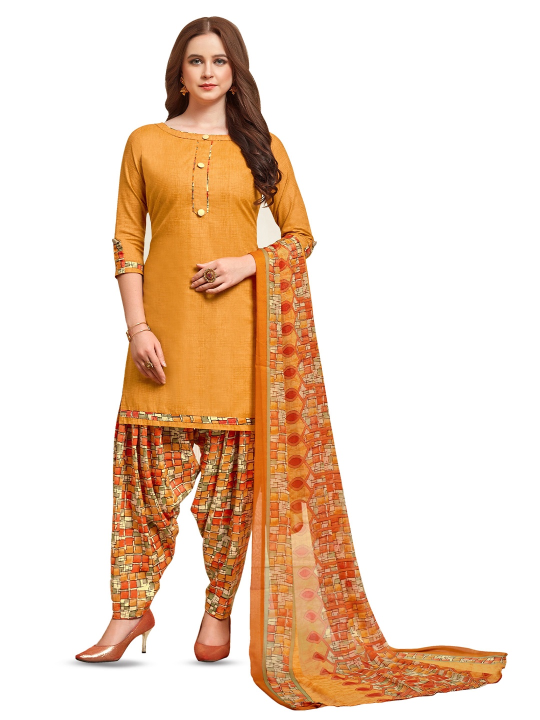 

MANVAA Abstract Printed Pure Cotton Unstitched Dress Material, Yellow