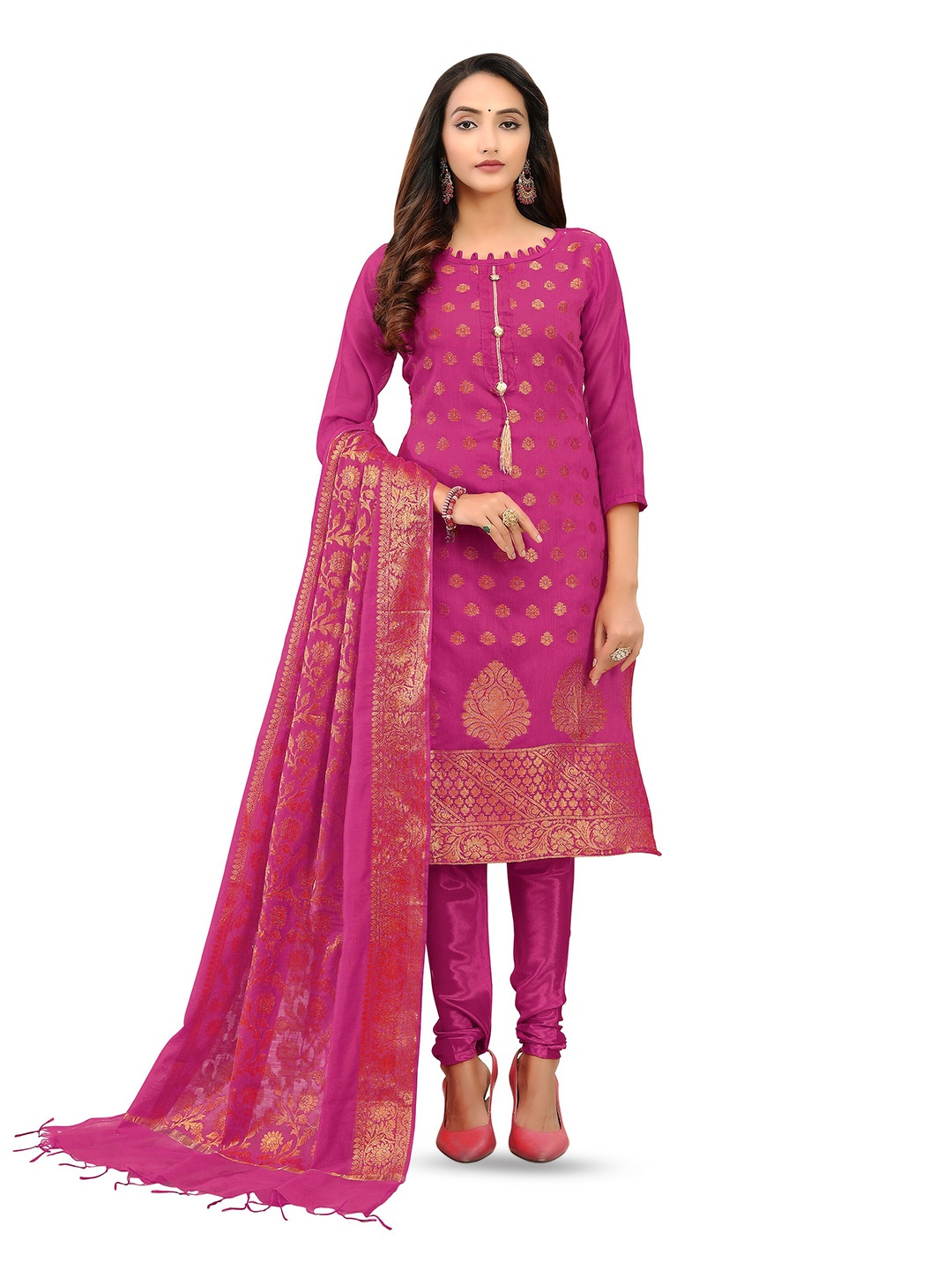 

MANVAA Ethnic Motifs Woven Design Zari Unstitched Dress Material, Magenta