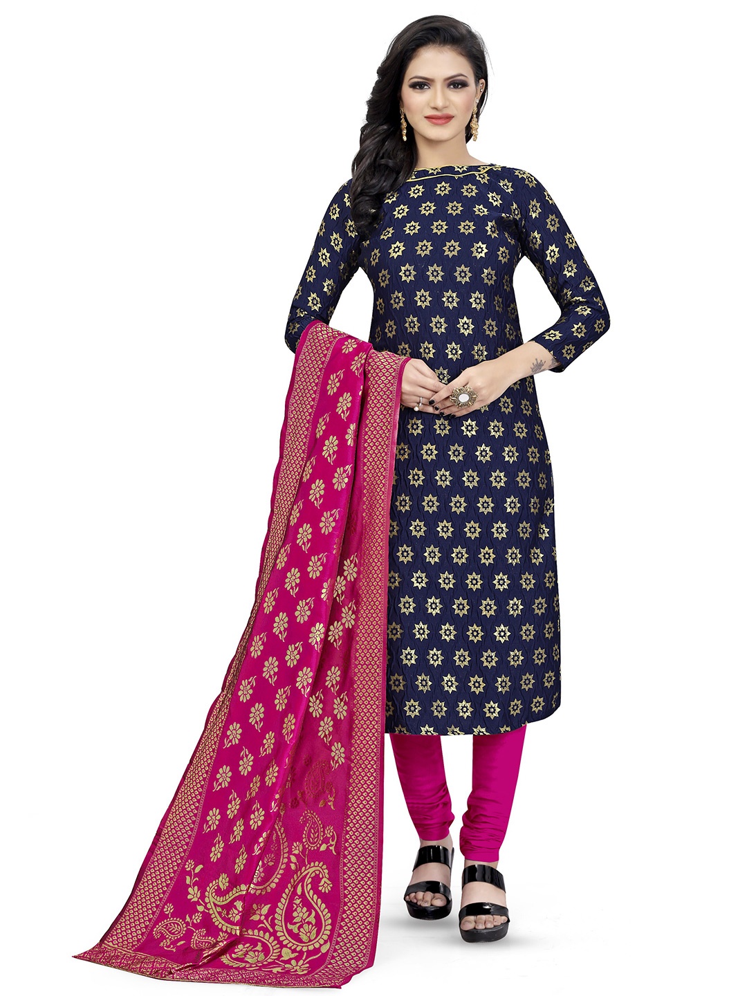 

MANVAA Floral Woven Design Zari Unstitched Dress Material, Navy blue