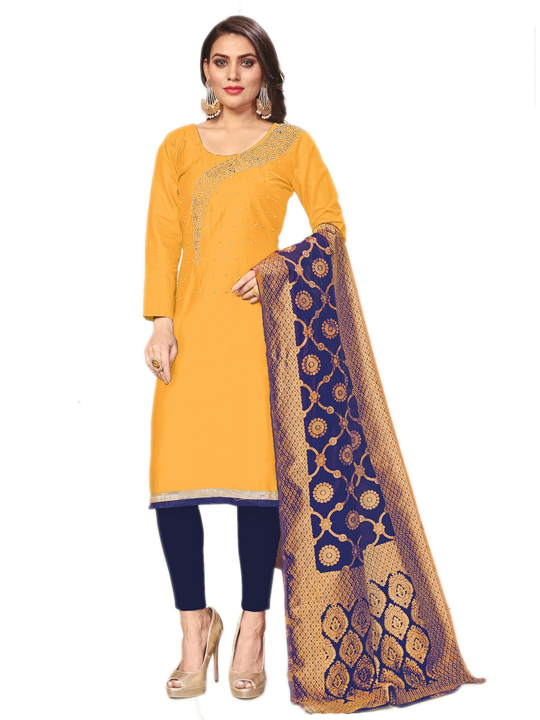 

MANVAA Embellished Unstitched Dress Material, Yellow