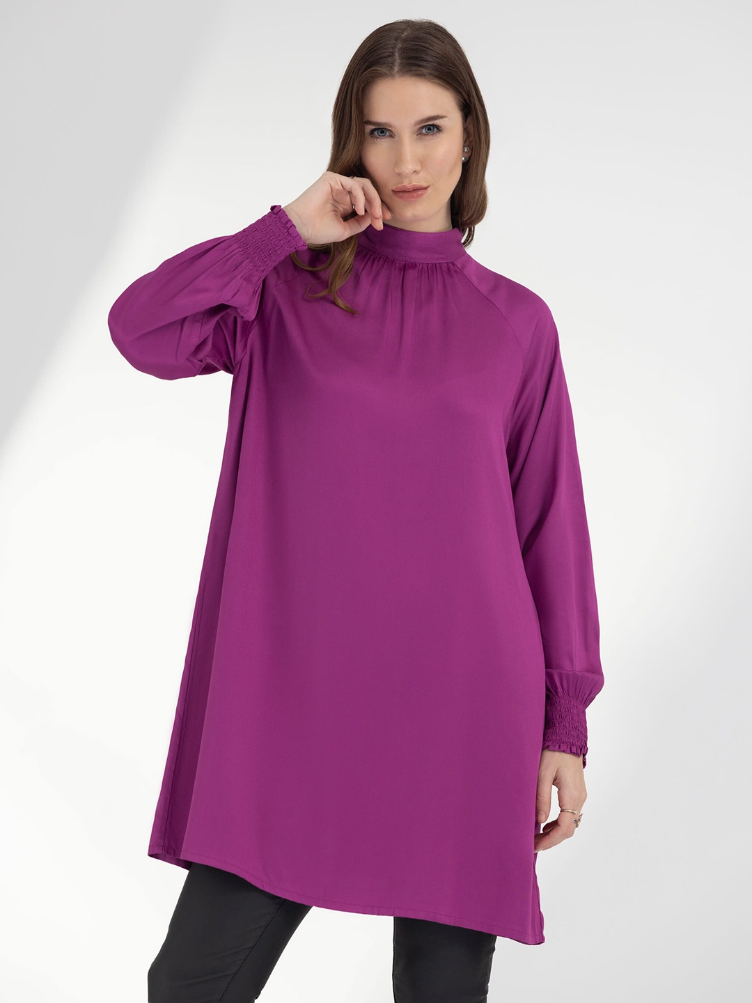 

B.Copenhagen High Neck Cuffed Sleeves Top, Purple