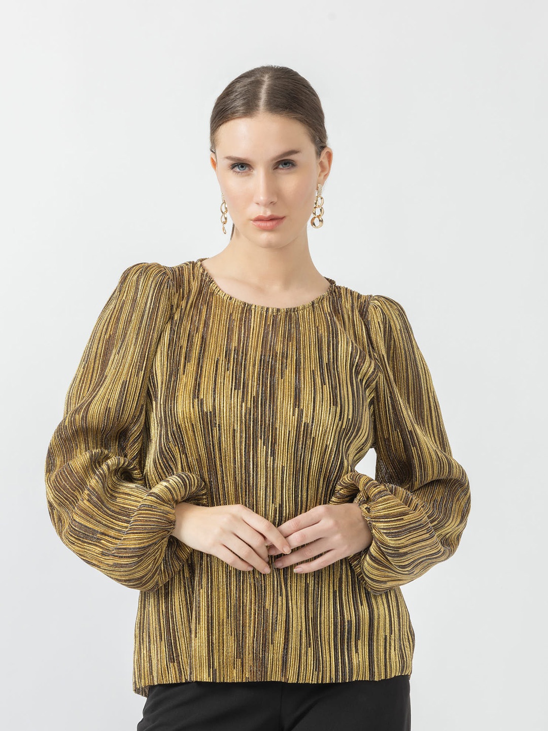 

B.Copenhagen Striped Puff Sleeves Top, Green