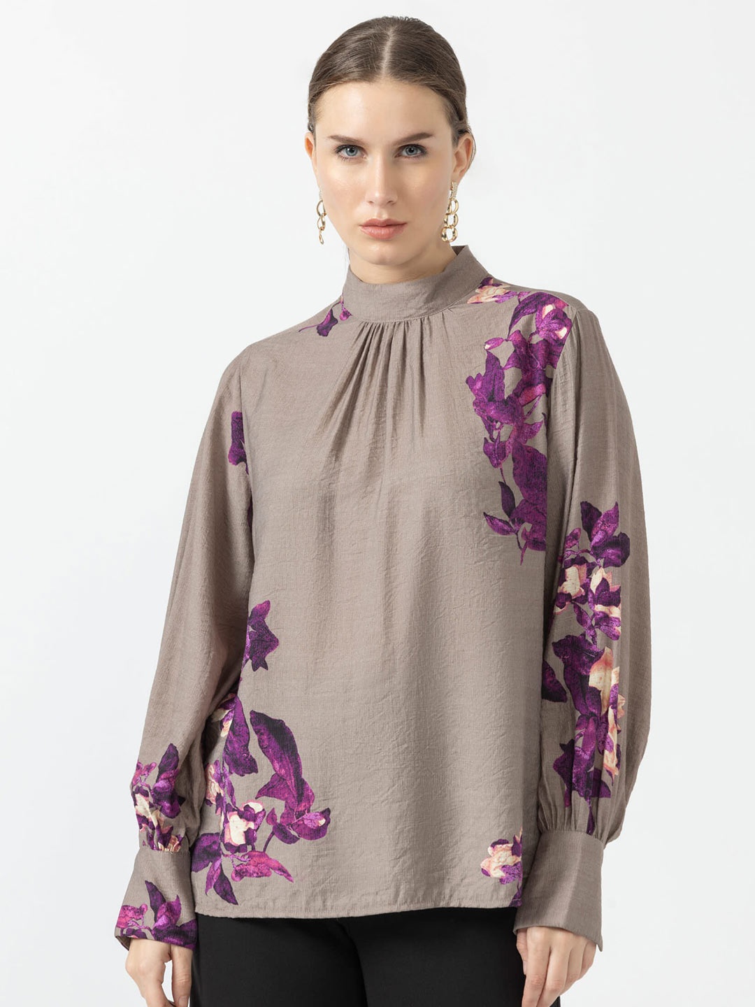 

B.Copenhagen Floral Printed High Neck Extended Sleeves Gathered Top, Grey