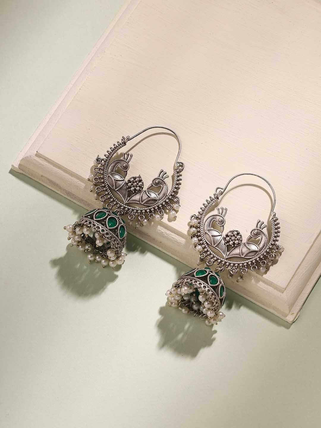 

Priyaasi German Silver Silver-Plated Stones Studded & Beads Beaded Jhumkas Earrings