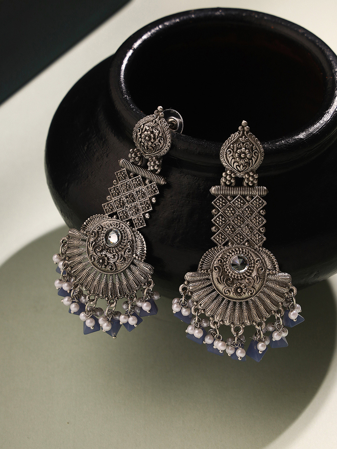 

Priyaasi German Silver-Plated Oxidised Chandbalis, Blue