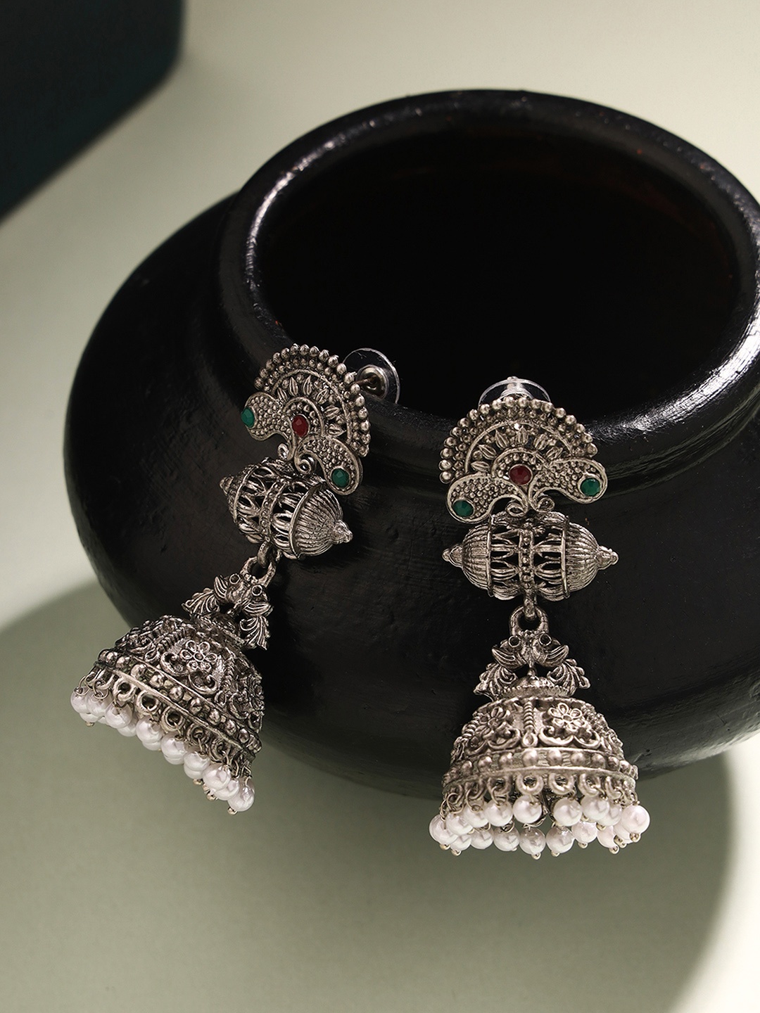 

Priyaasi German Silver-Plated Oxidised Jhumkas