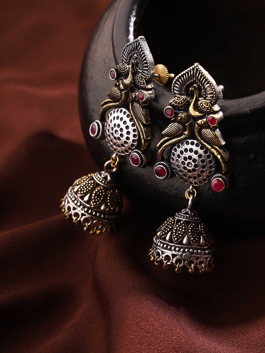 

Priyaasi German Silver-Plated Peacock Design Jhumkas, Gold