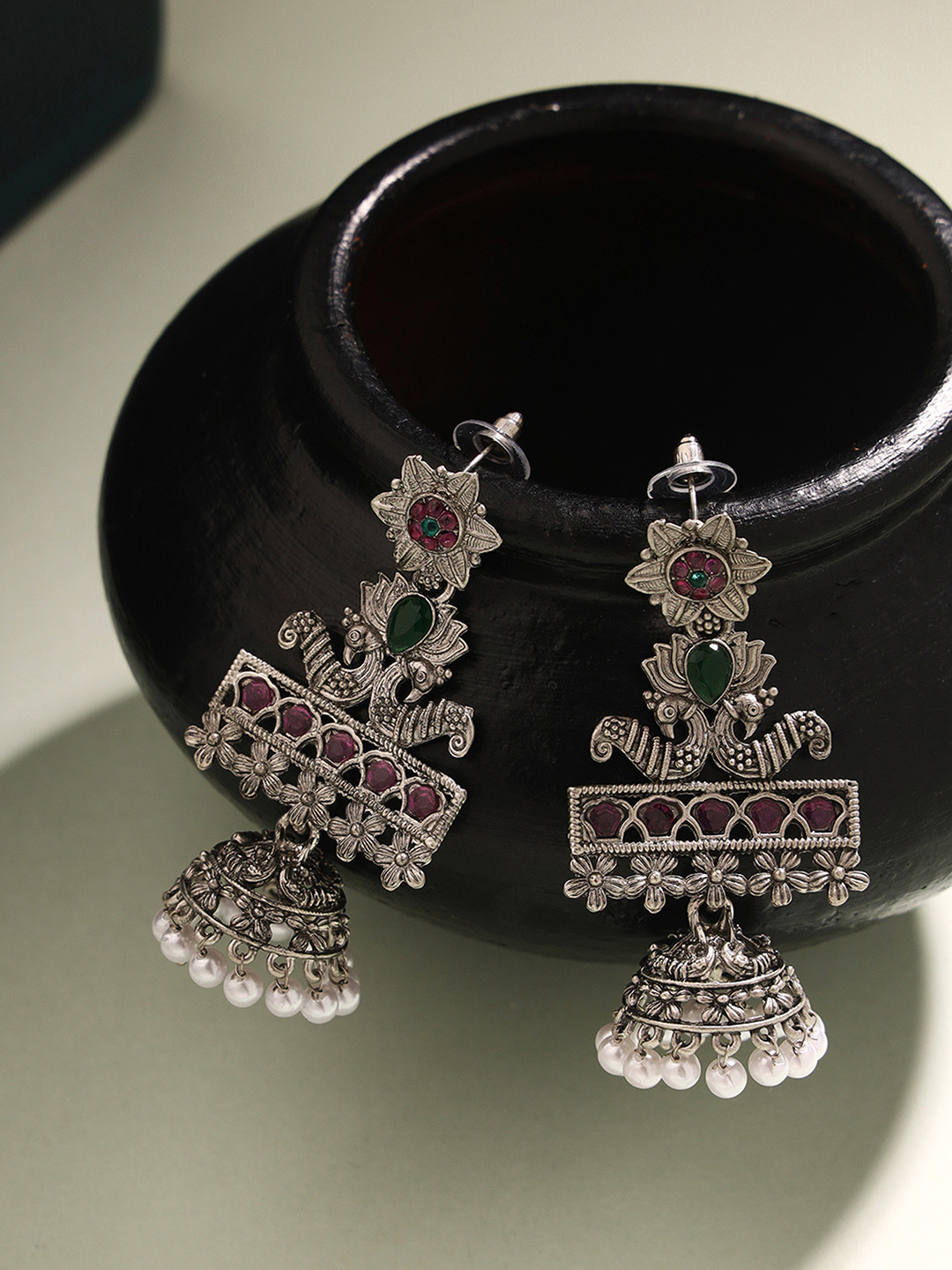 

Priyaasi Silver-Plated Contemporary Studded Jhumkas