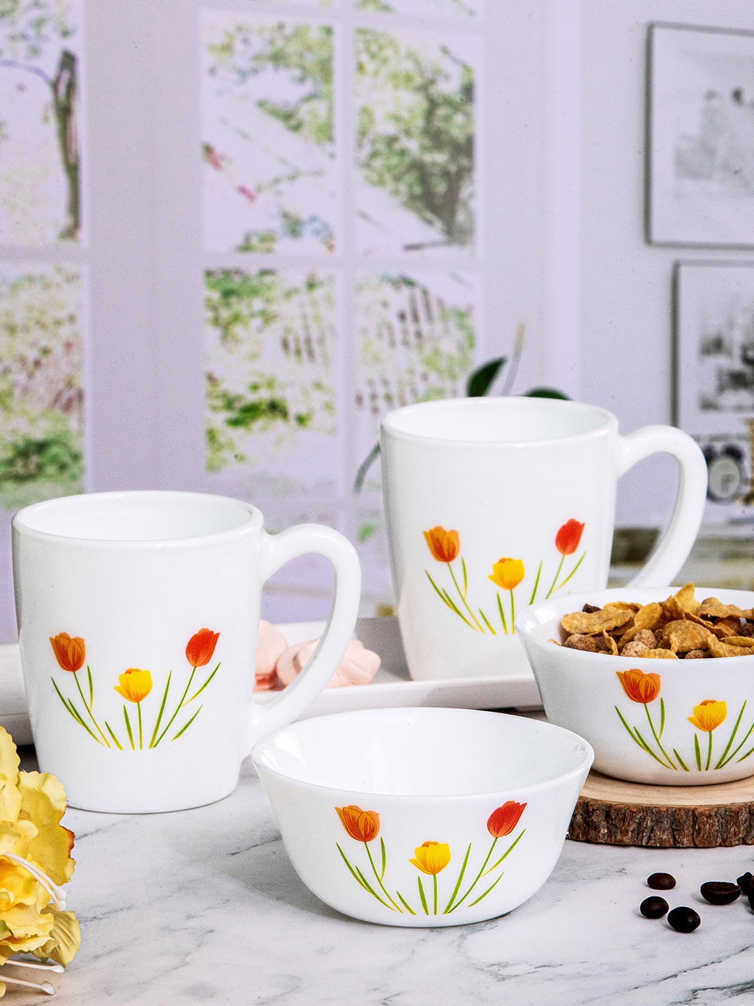 

Cello 4 Pieces White & Yellow Floral Printed Opalware Glossy Mug & Bowl