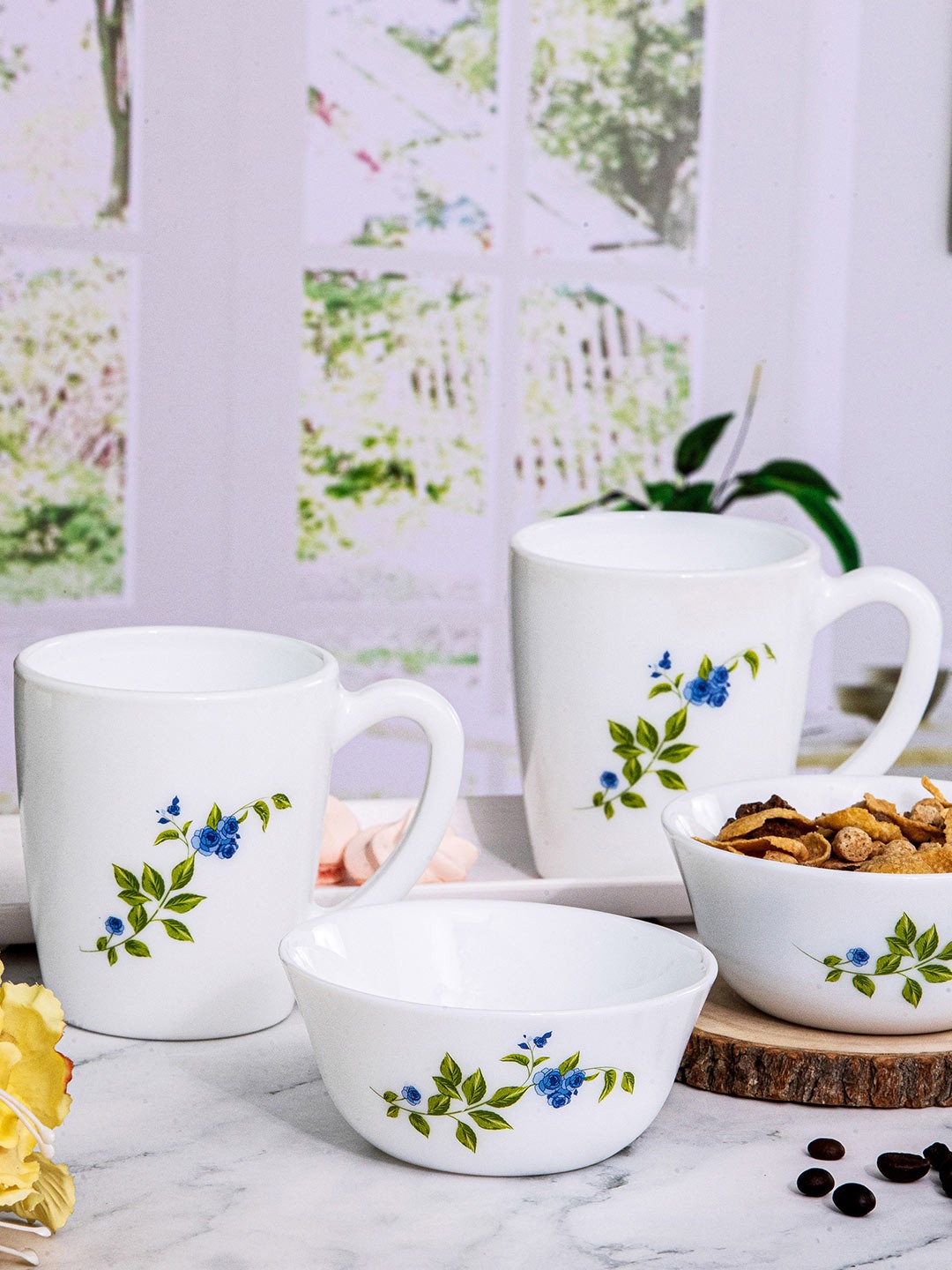 

Cello 4 Pcs White & Green Floral Printed Opalware Glossy Mugs & Bowls