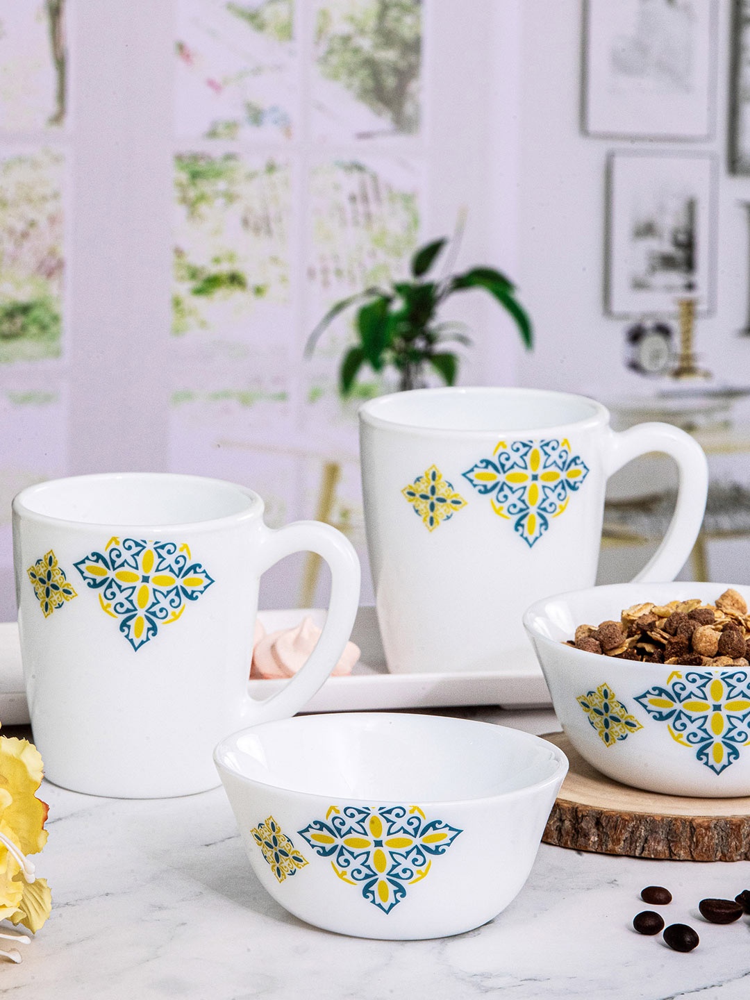 

Cello White & Blue Floral Printed Opalware Glossy Mugs & Bowls