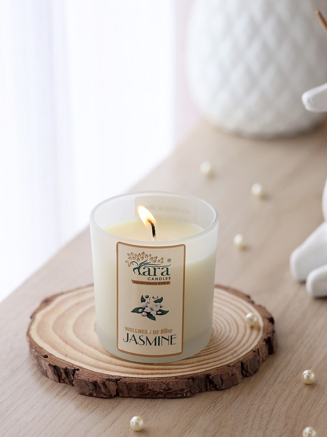 

Tara Enlightening World Jasmine Single Wick Frosted Glass Jar Candle With Wooden Lid, Off white