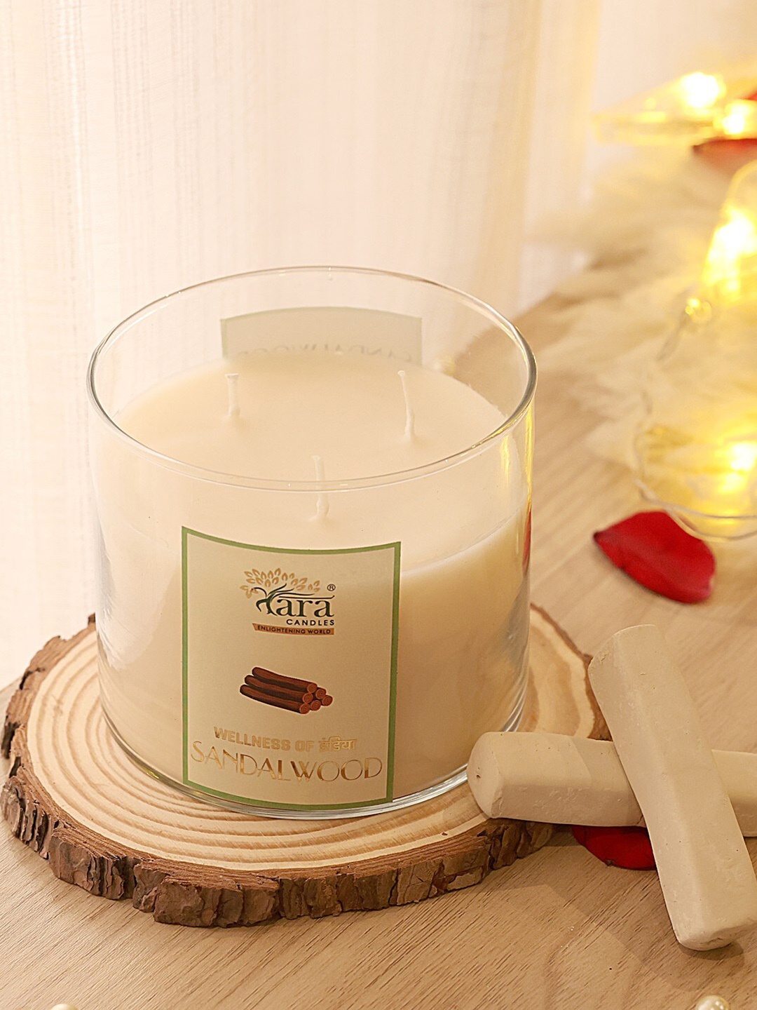 

Tara Enlightening World Sandalwood Three Wick Clear Glass Jar Candle Chrome Finish Lid, Off white