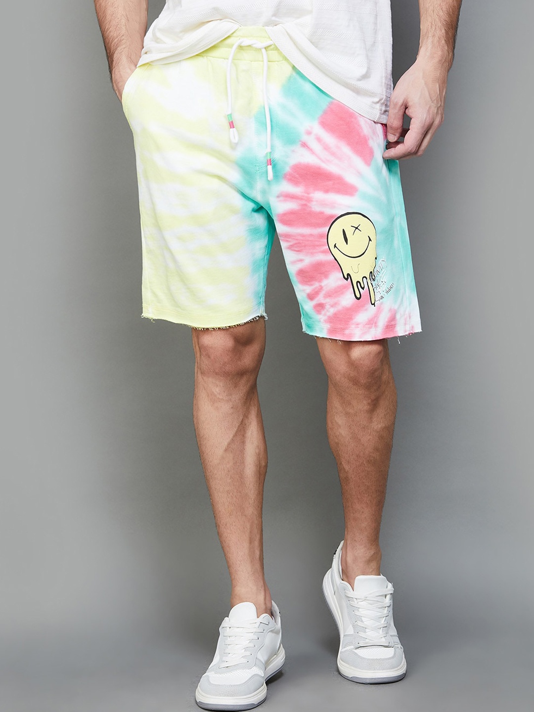 SmileyWorld Graphic Printed Mid-Rise Cotton Shorts, Yellow