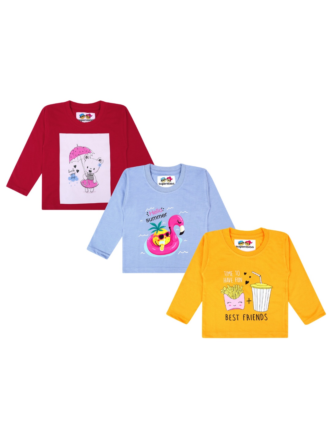 

Superminis Girls Pack Of 3 Graphic Printed Long Sleeves Pure Cotton T-shirt, Red