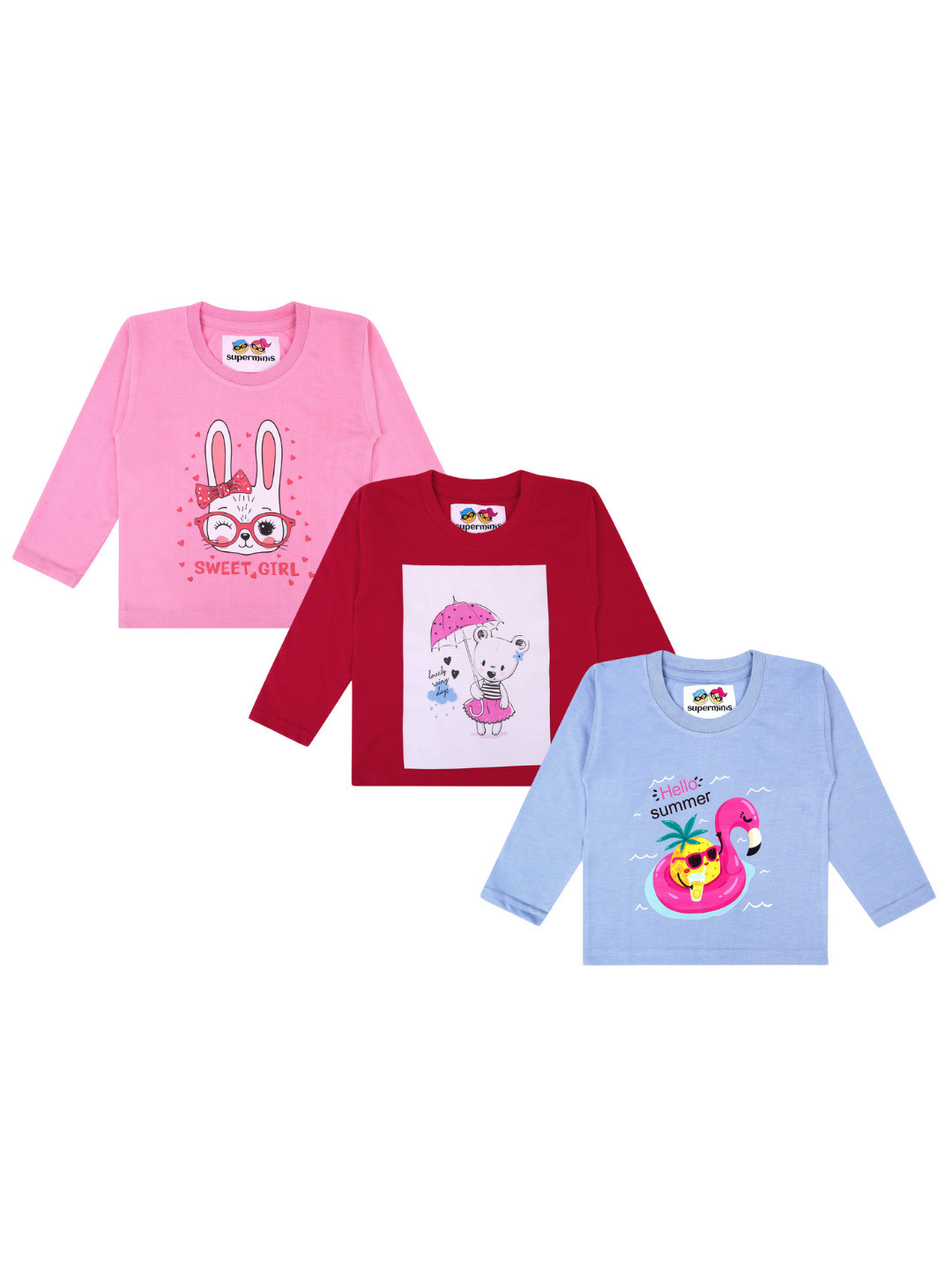 

Superminis Girls Pack Of 3 Graphic Printed Long Sleeves Pure Cotton T-shirt, Red