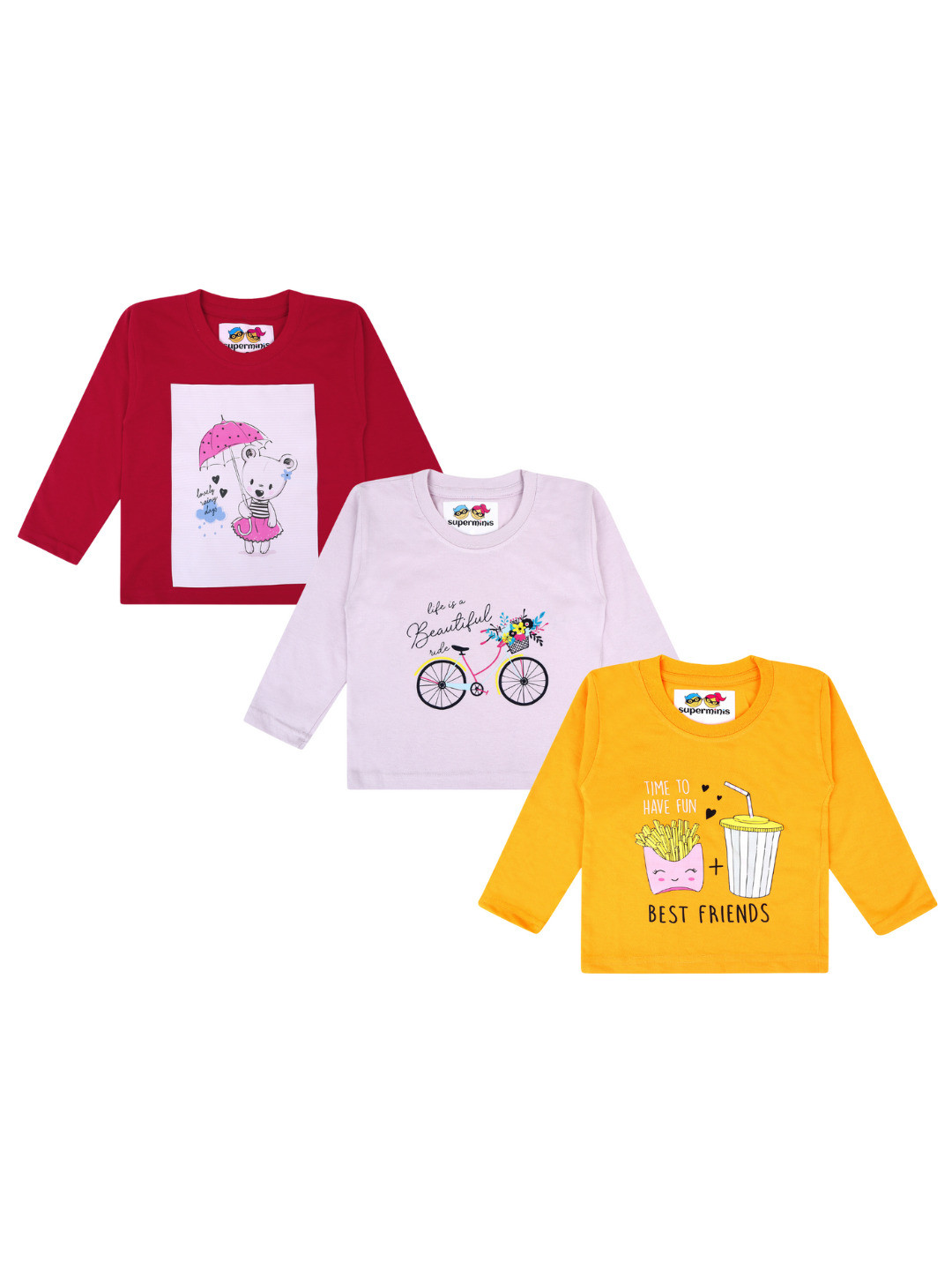 

Superminis Girls Pack Of 3 Graphic Printed Long Sleeves Pure Cotton T-shirt, Red