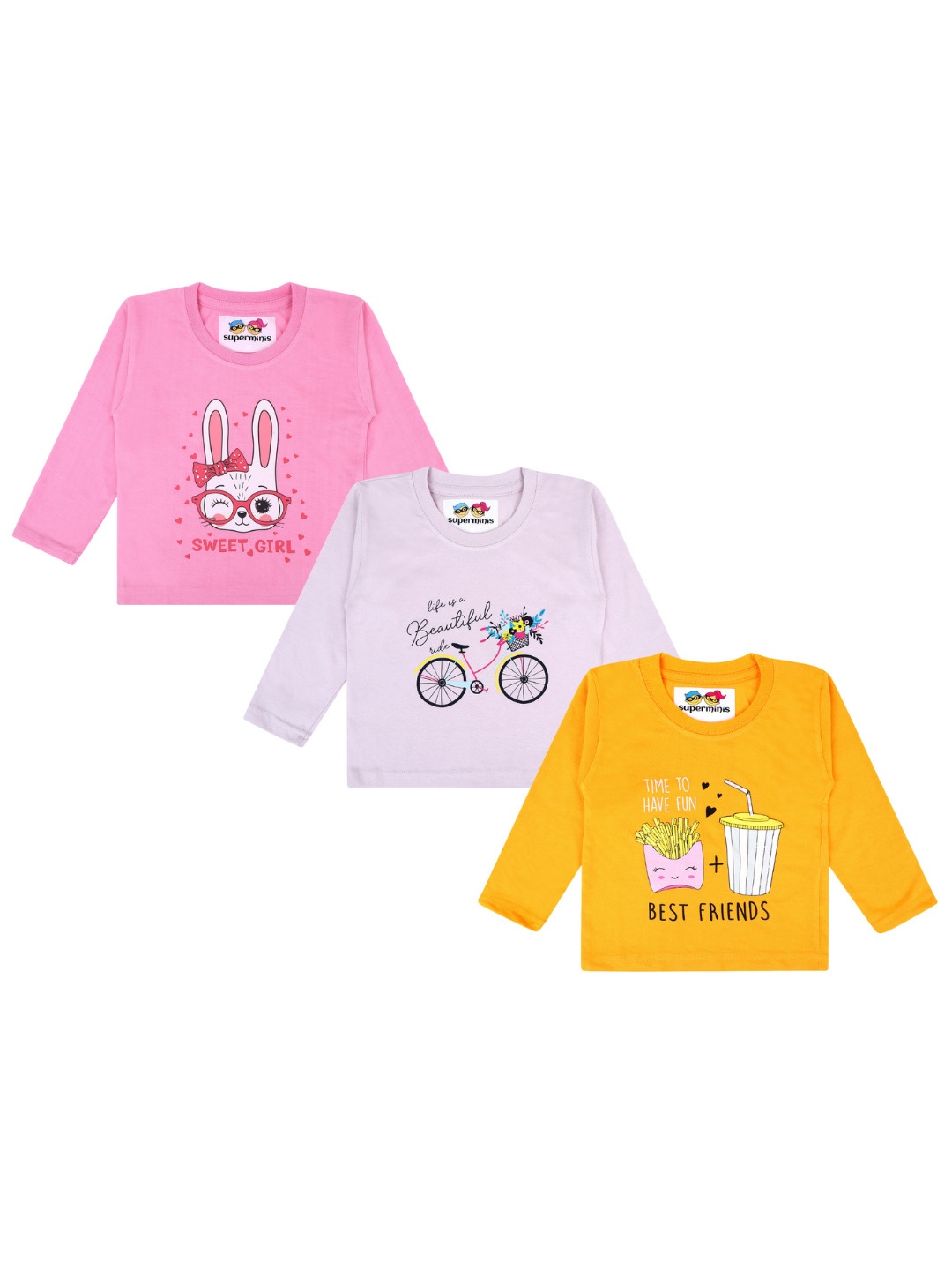 

Superminis Girls Pack Of 3 Graphic Printed Long Sleeves Pure Cotton T-shirt, Mustard
