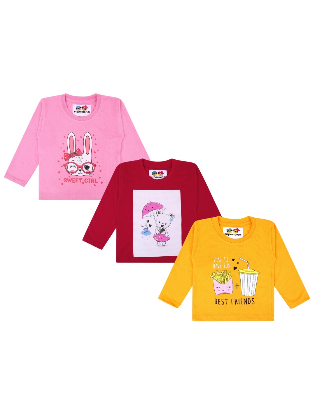 

Superminis Girls Pack Of 3 Graphic Printed Long Sleeves Pure Cotton T-shirt, Mustard