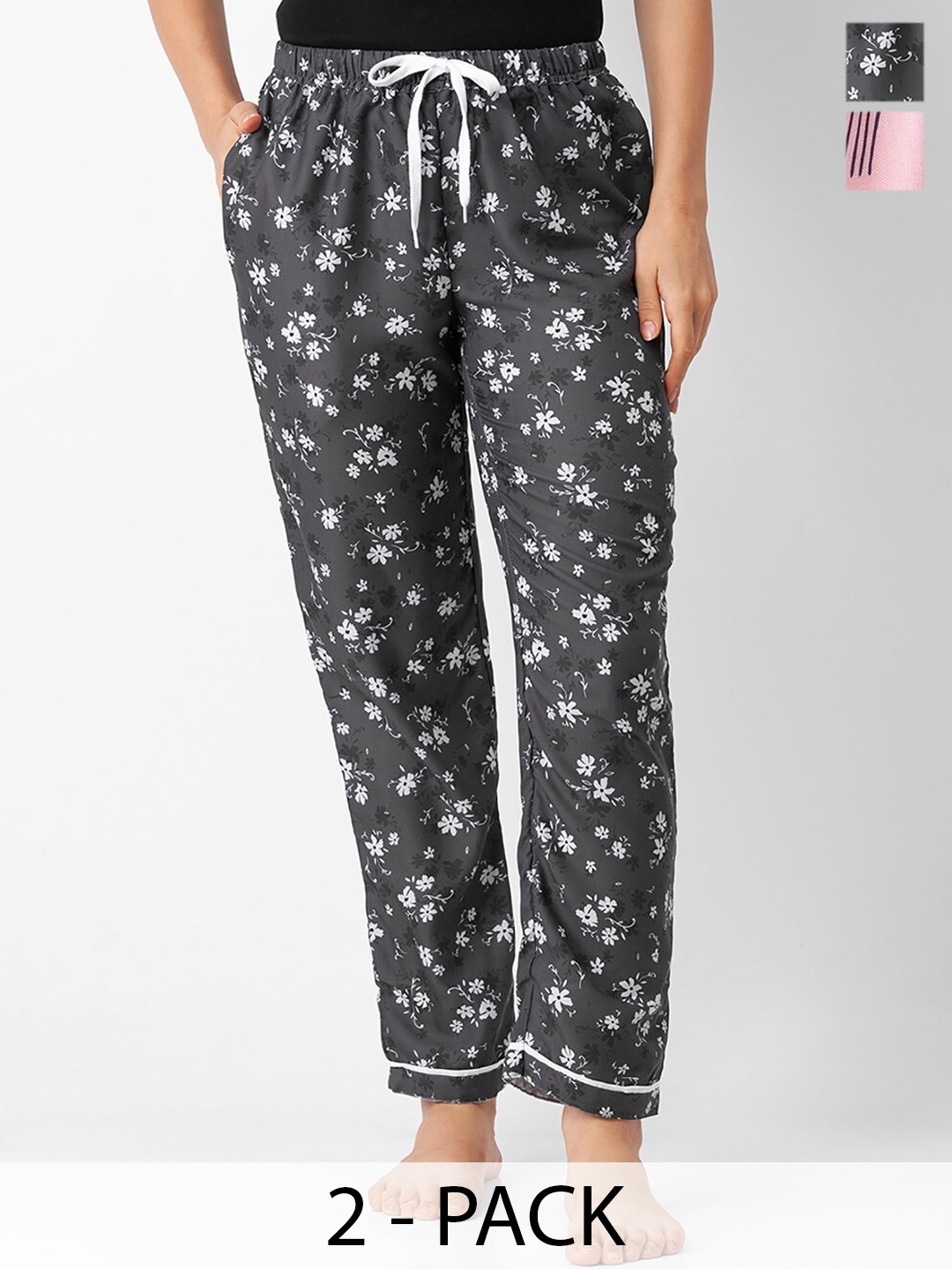 

NOIRA Pack Of 2 Mid-Rise Printed Lounge Pants, Black