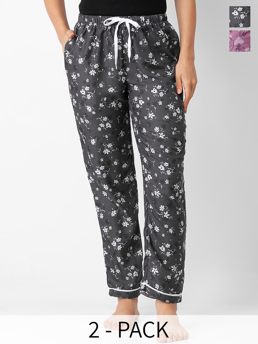 

NOIRA Pack Of 2 Mid-Rise Printed Lounge Pants, Black