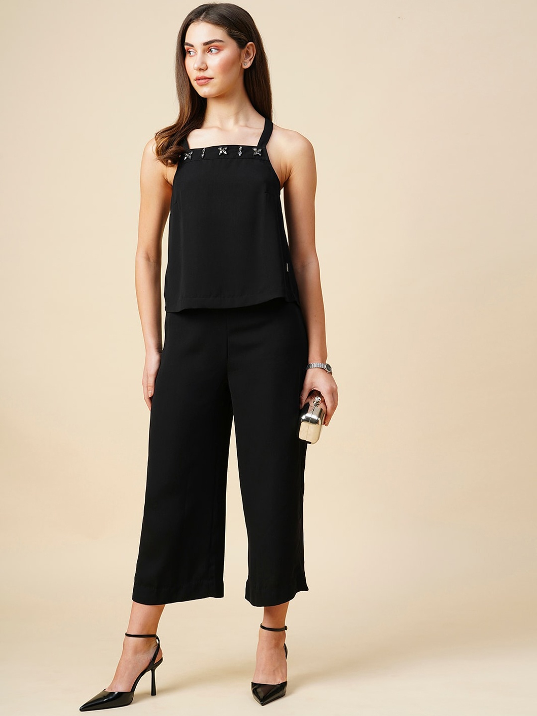 

Chemistry Embellished Detail Top With Flared Trouser Co-Ords, Black