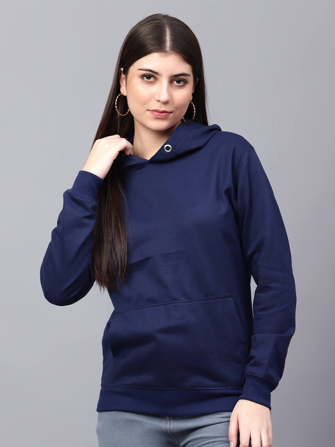 

TABADTOD Women Navy Blue Hooded Sweatshirt