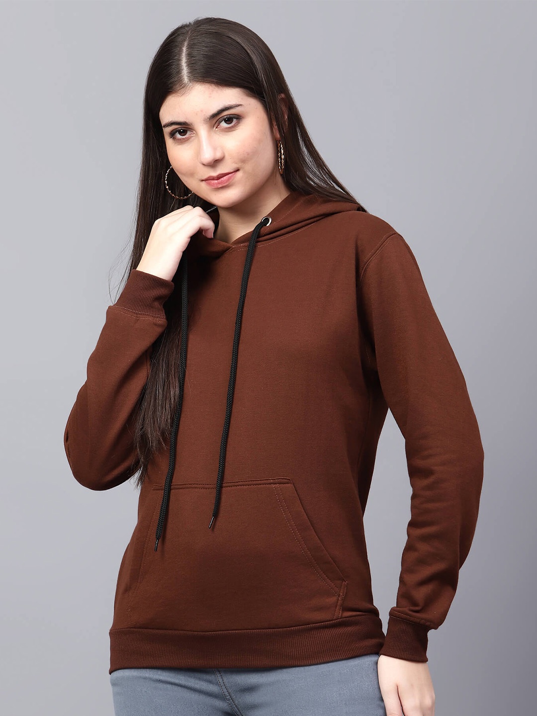 

TABADTOD Women Brown Hooded Sweatshirt