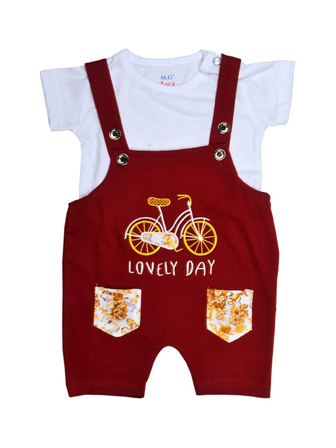 

BAESD Infants Graphic Embroidered Pure Cotton Dungaree With T-Shirt, Maroon