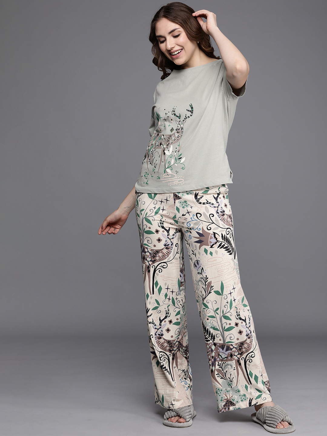 

NEXT Women Pure Cotton Printed Pyjama Set, Grey