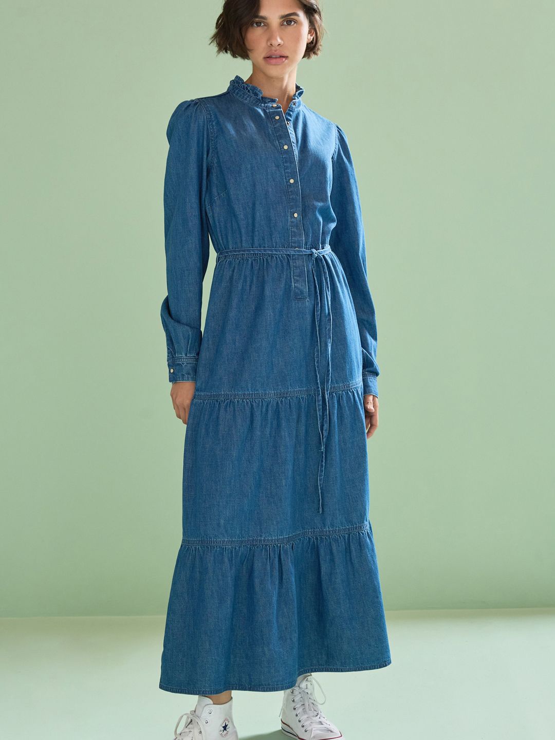 

NEXT Shirt Solid Pure Cotton Tiered Shirt Maxi Dress With Tie-ups Detail, Blue