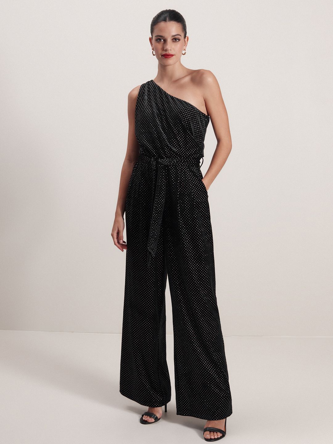 

NEXT Velvet Finish Embellished One Shoulder Basic Jumpsuit, Black