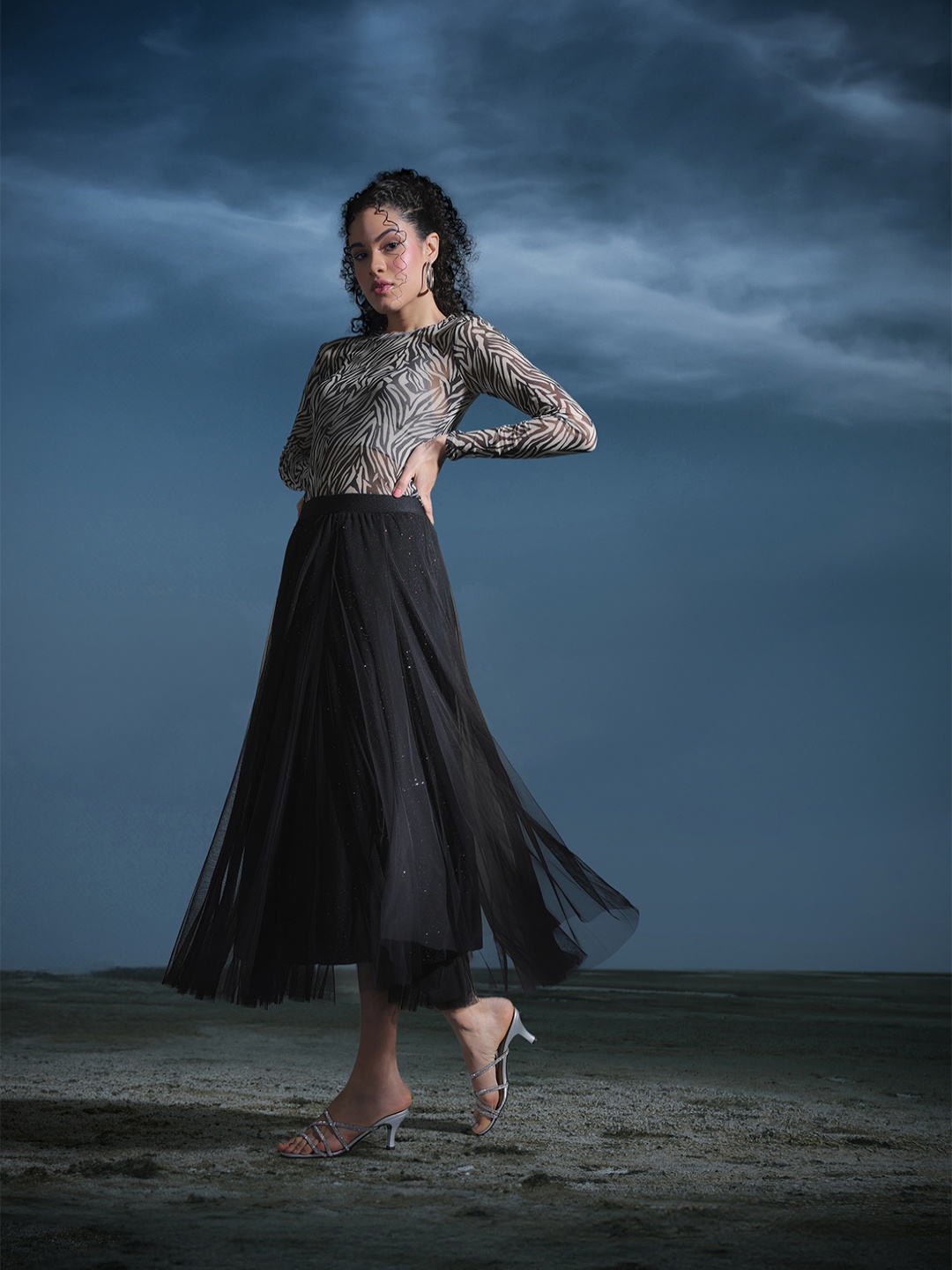 

NEXT Women Embellished Midi Length Flared Tulle Skirt, Black