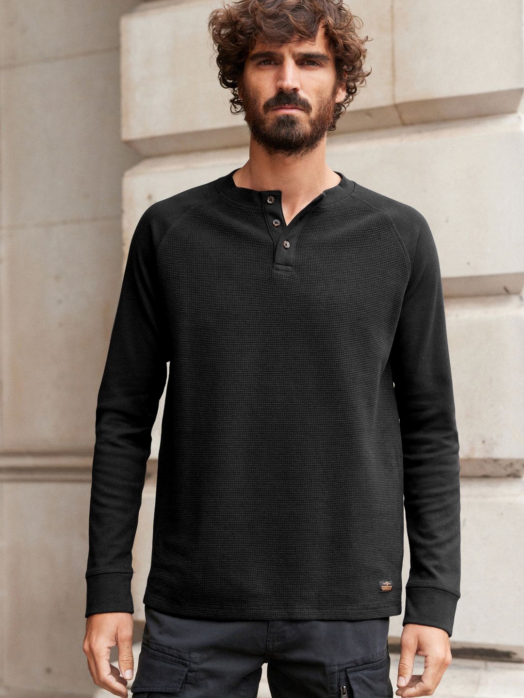 

NEXT Self Design Textured Henley Neck Pure Cotton T-shirt, Black