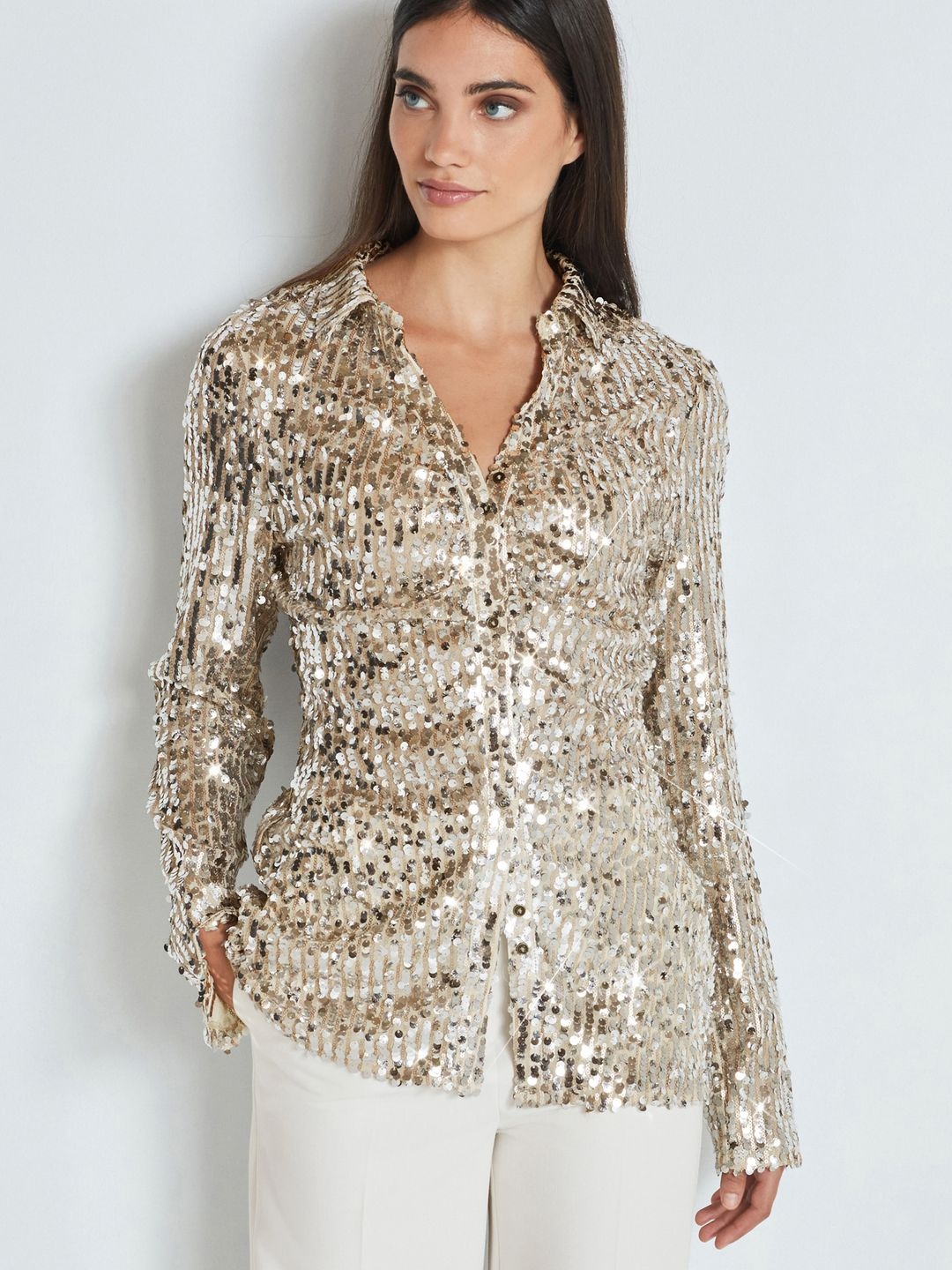 

NEXT Women Sequinned Casual Shirt, Gold