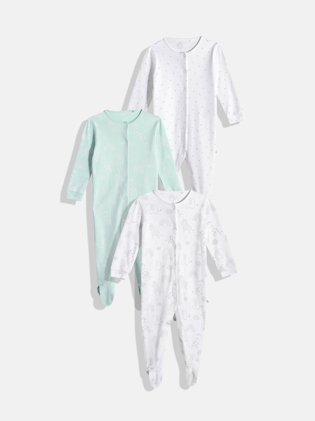 

NEXT Infant Kids Pack Of 3 Printed Pure Cotton Sleepsuits, White